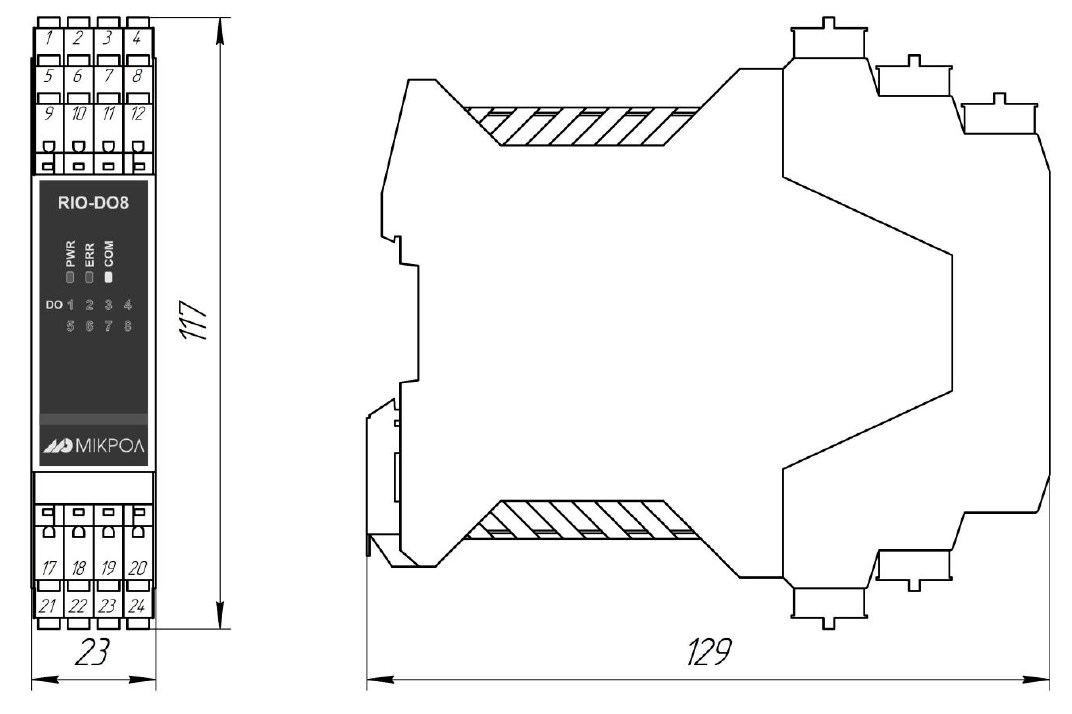 Схема габаритных размеров модуля RIO-DO8