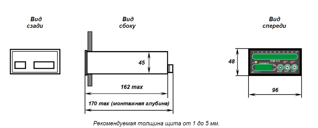 Схема габаритных размеров индикатора ИТМ-111С, ИТМ-111ВС