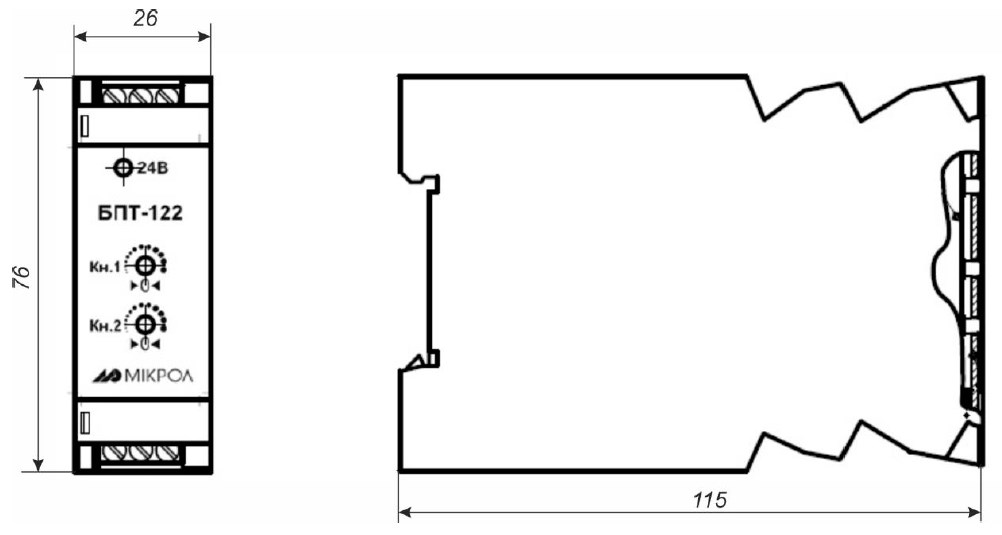 Схема габаритных размеров блока преобразования БПТ-122