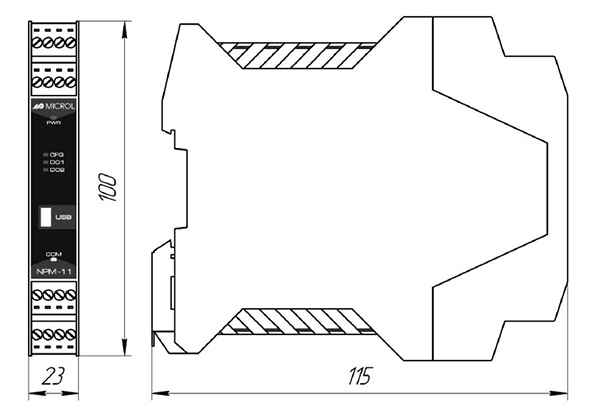 Схема габаритных размеров преобразователя НПМ-11