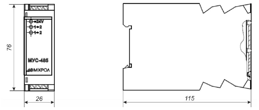 Схема габаритных размеров повторителя интерфейса МУС-485